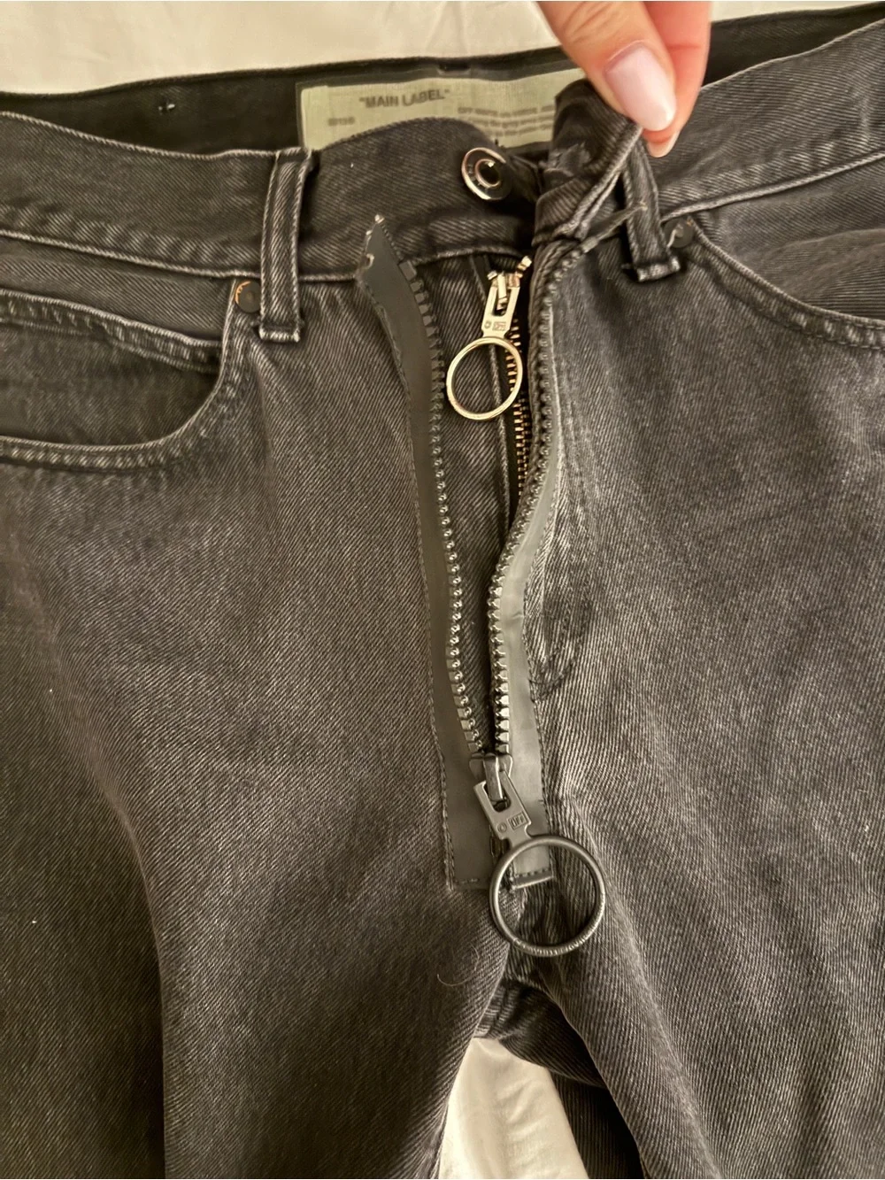 Men's Black Denim Jeans with Embroidered Red Diagonal Accents - Picture 6 of 8